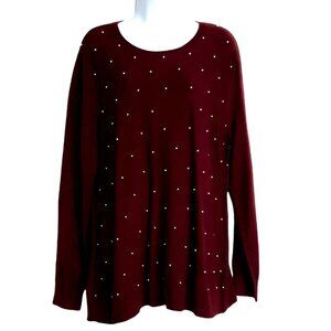 Womens Pull Over Sweater XL Long Sleeve Beaded Burgundy Crew Neck